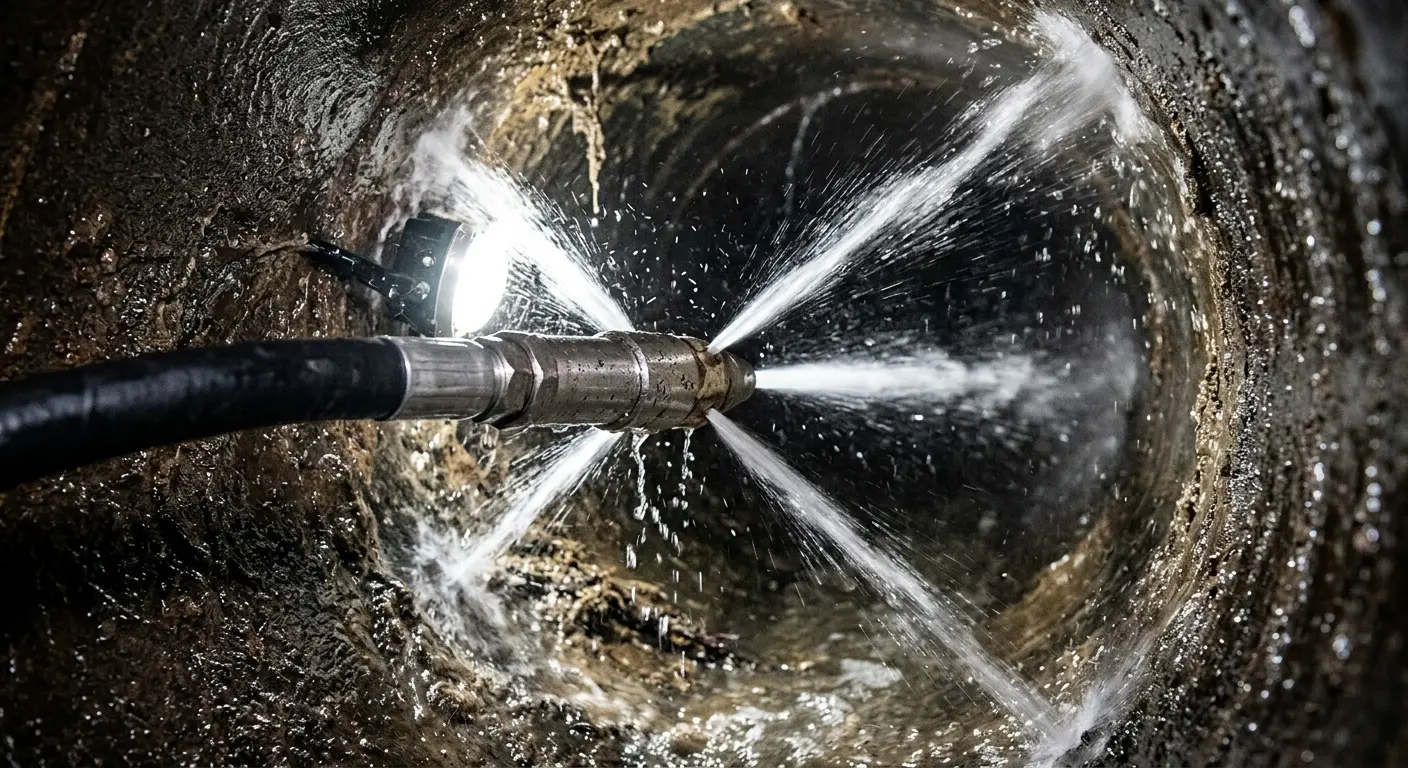 High-pressure hydro jetting nozzle cleaning sewer pipe for Emergency Drain Service in Fort Myers Shores