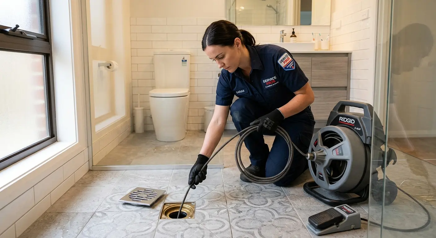 Technician clearing a bathroom floor drain for Drain Cleaning in Fort Myers Shores
